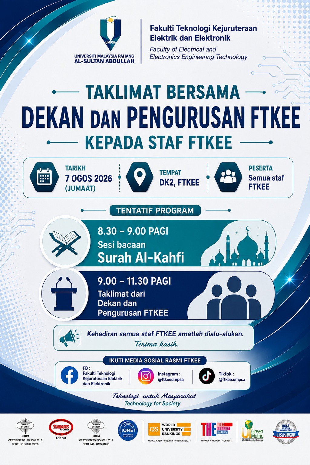  Taklimat Bersama Dekan dan Pengurusan FTKEE 